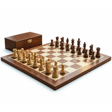 French Knight schaakbord opgesteld op een houten tafel naast een ontbijt