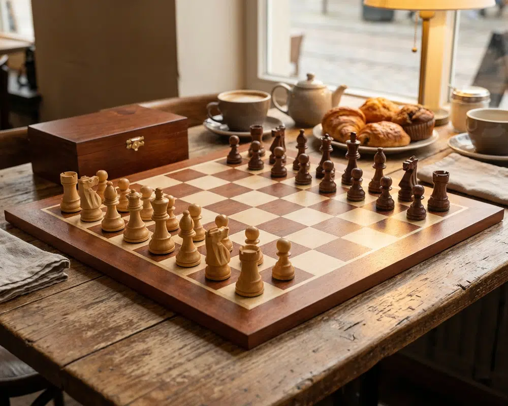 Ensemble French Knight Echiquier en Bois d'Acajou et Erable, Jeu d'Echecs en Bois de Rose Doré et Buis & Coffret de Rangement en Bois de Bouleau