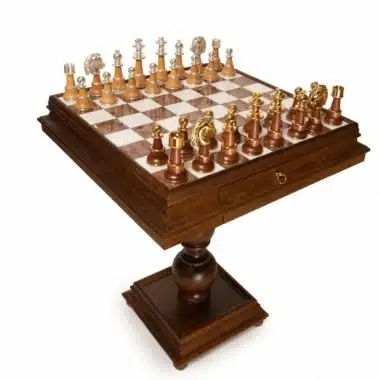 Luxe Staunton Schaakset met Schaaktafel in Beukenhout, Carrara-marmer en Albast & en Massief Hout en Messing Verguld met Goud en Zilver