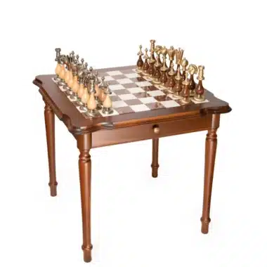 Set Giant Oriental Luxe II Schaaktafel in Hout, Toscaans Albast en Carrara Marmer & Schaakspel in Massief Hout en Massief Messing