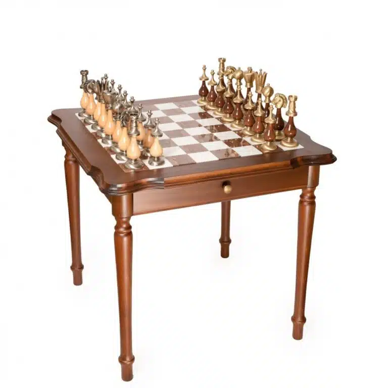 Set Giant Oriental Luxe II Schaaktafel in Hout, Toscaans Albast en Carrara Marmer & Schaakspel in Massief Hout en Massief Messing