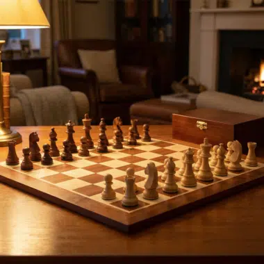 Ensemble Grand Championship Echiquier en Bois d'Erable et Acajou, Jeu d'Echecs en Bois de Rose & Coffret de Rangement en Bois de Bouleau