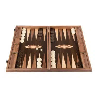 Backgammon Boomstam Notenhout geopend, met stukken en dobbelstenen