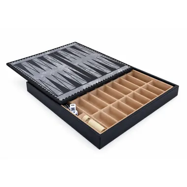Schaakbord van gouden en blauw kunstleer geopend met zicht op het opbergvak