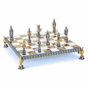 Set "Russische Revolutie van 1917" Schaakbord en Schaakspel in Brons, Onyx en 24-Karaats Goud