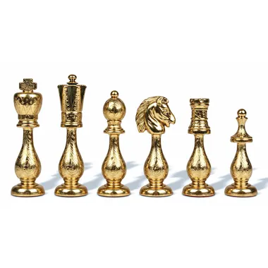 Vergulde metalen schaakstukken in Arabic-stijl, detail van koning, pion, paard en toren
