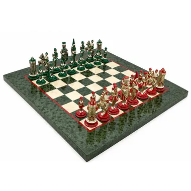 Camelot Koning Arthur-set op olijfesdoornhouten schaakbord, totaalbeeld