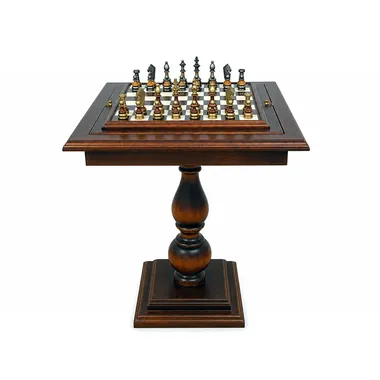 Schaaktafel op houten voet met speelvlak van albast en marmer