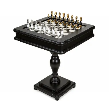 Table échiquier noir et blanc sur pied central, pièces or et argent installées