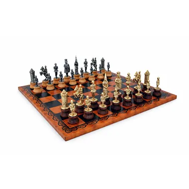 Set "Camelot Koning Arthur II" Schaakbord in Kunstleer & Schaakspel in Hout en Massief Metaal