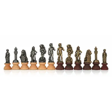 Stukken van het Florentine schaakspel, metalen figuren op houten voetstukken