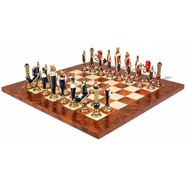 Renaissance II set: houten schaakbord en handbeschilderde metalen stukken, overzicht