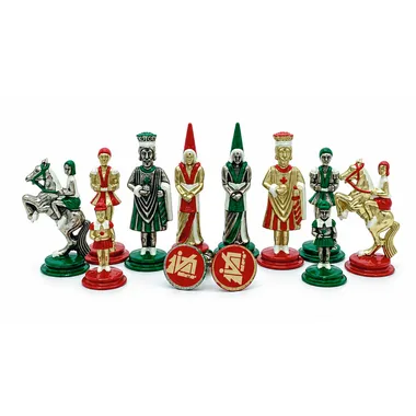Camelot schaakstukken van beschilderd metaal, koningen en dames in rood en groen