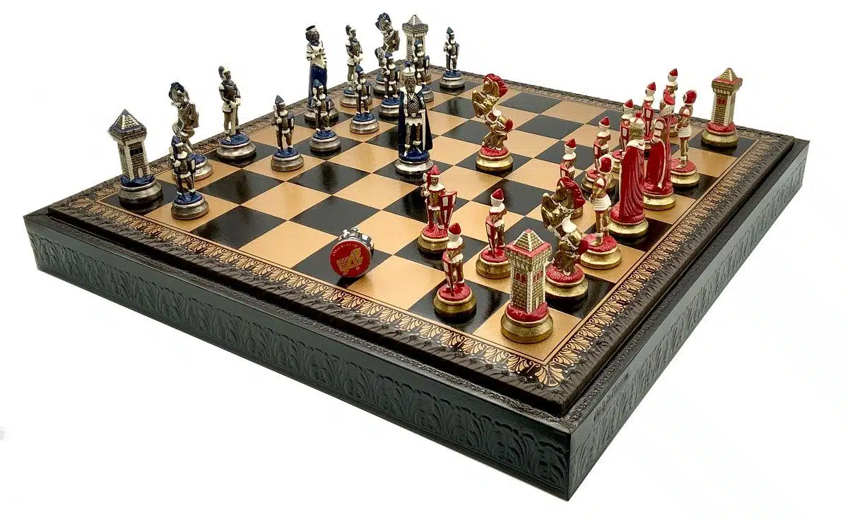 Set Mary Stuart III Schaakbord in Kunstleer & Handbeschilderd Metalen Schaakspel - Afbeelding 4