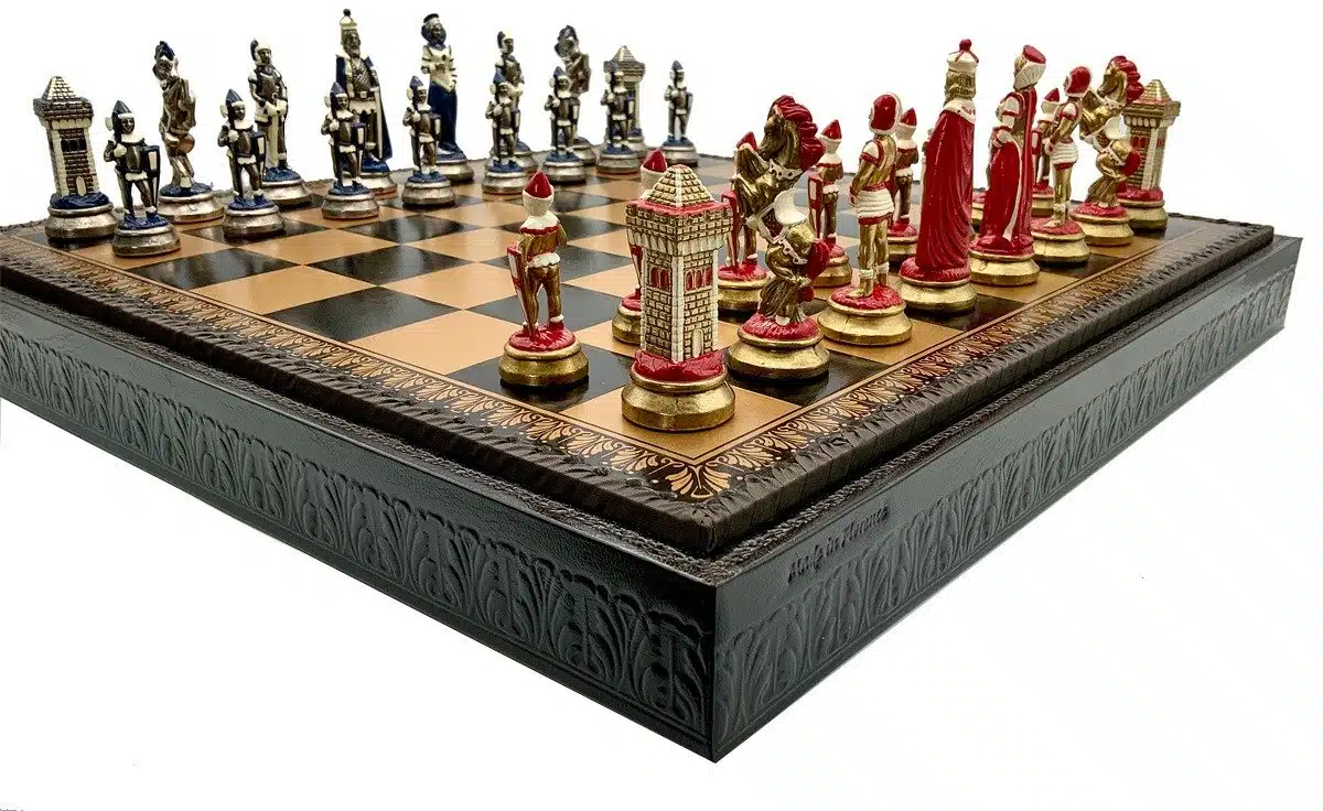 Set Mary Stuart III Schaakbord in Kunstleer & Handbeschilderd Metalen Schaakspel - Afbeelding 5