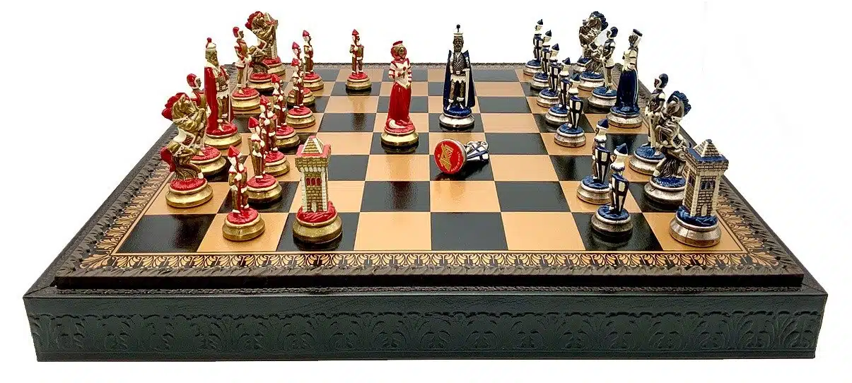 Set Mary Stuart III Schaakbord in Kunstleer & Handbeschilderd Metalen Schaakspel - Afbeelding 3