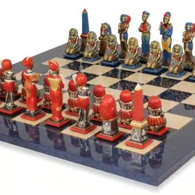 Set Egypte III Schaakbord van Esdoornhout & Schaakspel van Massief Metaal, Handgeschilderd