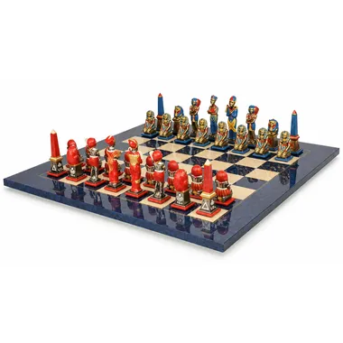 Compleet schaakspel Egypte III, rode en blauwe stukken op esdoorn schaakbord