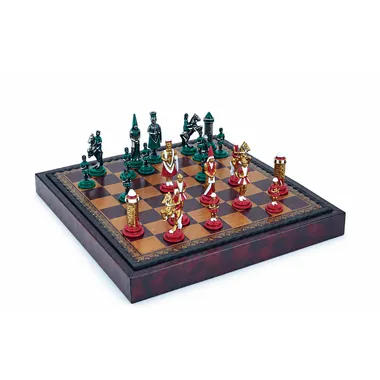 Set "Camelot Koning Arthur III" Schaakbord in Kunstleer & Schaakspel in Handgeschilderd Metaal