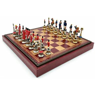 Napoléon III-schaakset met rood kunstleren schaakbord en beschilderde metalen stukken