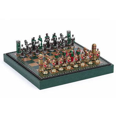 Compleet schaakspel Romeinen vs Barbaren op groen-gouden schaakbord