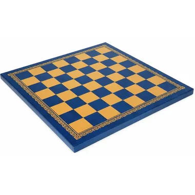 Schaakbord van blauw kunstleer met gegraveerde gouden rand, totaalbeeld