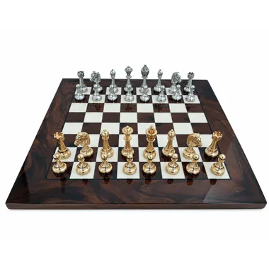Classic Flower 6 set, schaakbord van notenhoutwortel met goud- en zilverkleurige stukken