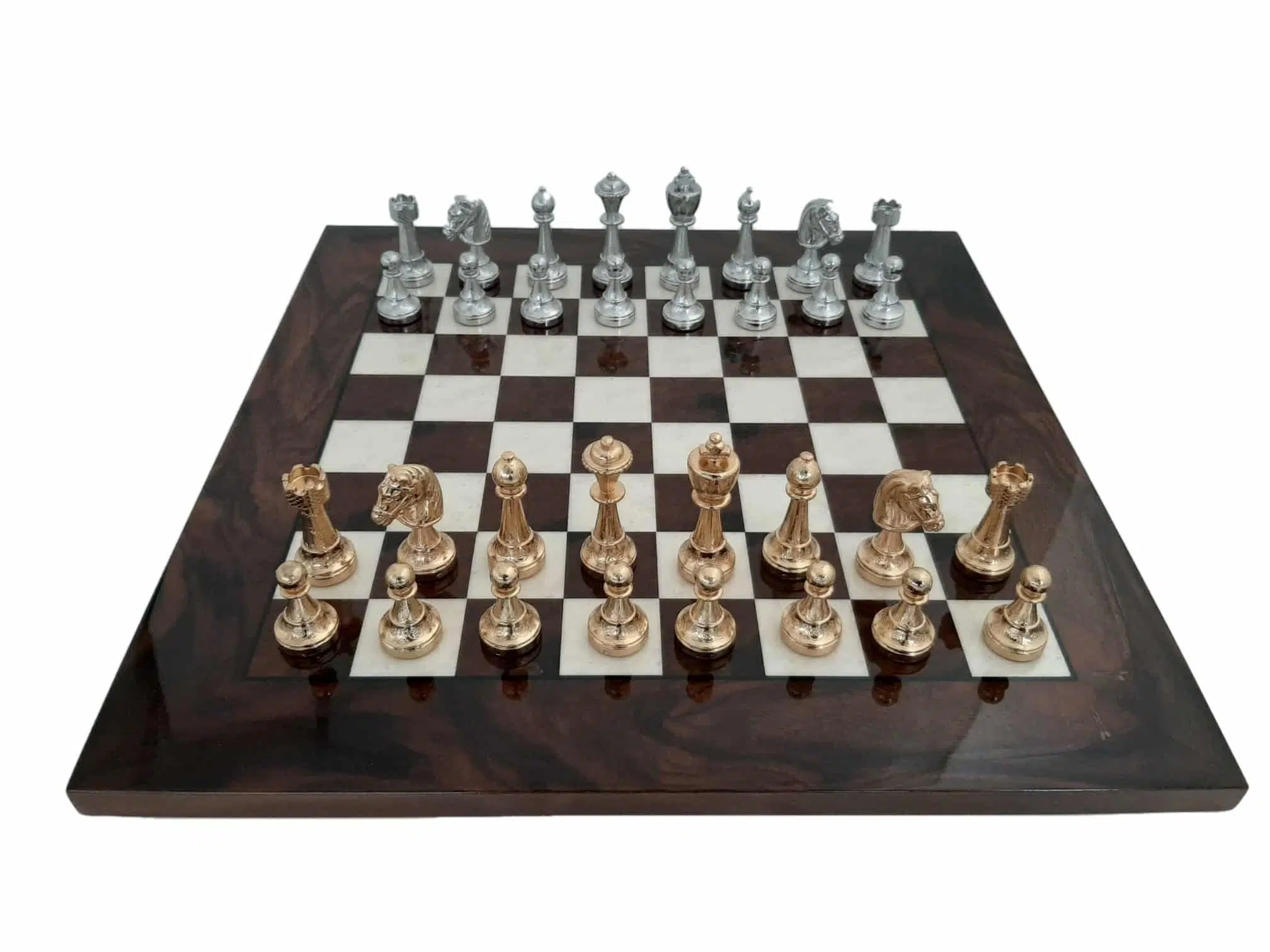 Set Classic Flower 6 Schaakbord in Notenhoutmaser en Schaakspel in Verguld en Verzilverd Metaal