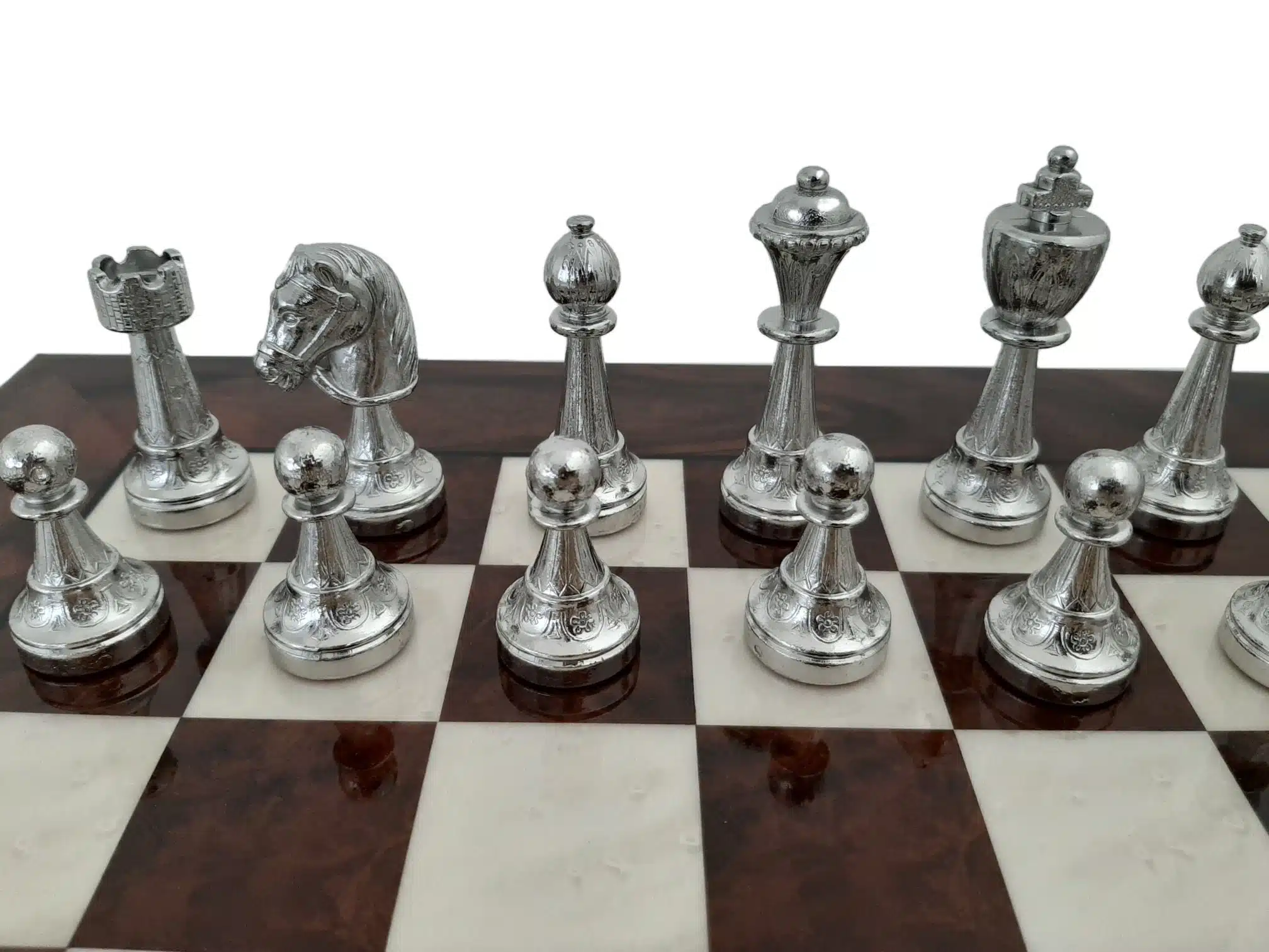 Set Classic Flower 6 Schaakbord in Notenhoutmaser en Schaakspel in Verguld en Verzilverd Metaal - Afbeelding 4
