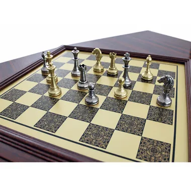 Mignon Flower III schaakbord van hout met messingeffect, metalen stukken in spel