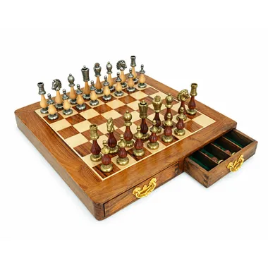 Compleet schaakspel Arabic Style III met geopend schaakbord en opbergvak