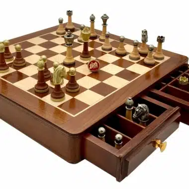 Set Classic III Schaakbord van Goudkleurig Rozenhout en Esdoorn & Schaakspel in Massief Hout en Metaal