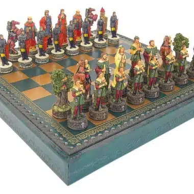 Set Robin Hood Schaakbord in Kunstleer & Handbeschilderd Schaakspel in Resin
