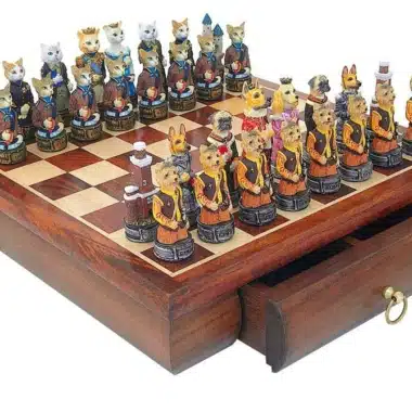 Schaakset Honden en Katten met Schaakbord van Rozenhout met Opbergla & Handgeschilderde Schaakstukken van Kunsthars