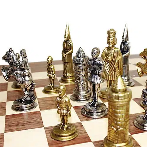 Camelot Koning Arthur Set I Schaakbord in Rozenhout & Schaakspel in Massief Metaal - Afbeelding 3