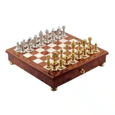 Set Classic Flower 5 Schaakbord met Opbergla in Iepen- en Heidehout Gelakt en Schaakspel in Metaal met Goud/Zilver Plating