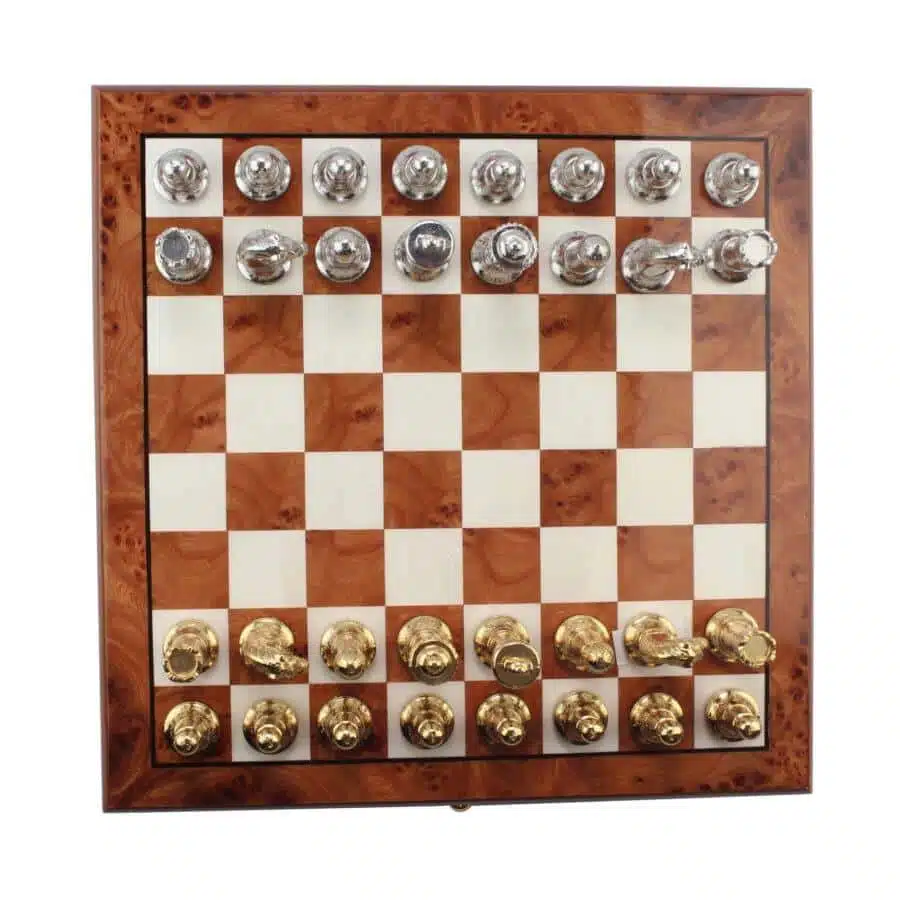 Set Classic Flower 5 Schaakbord met Opbergla in Iepen- en Heidehout Gelakt en Schaakspel in Metaal met Goud/Zilver Plating - Afbeelding 4