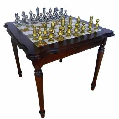 Ensemble "Giant Contemporain" Table en Bois, Onyx, Albâtre de Toscane et Marbre de Carrare & Jeu d'Echecs en Laiton