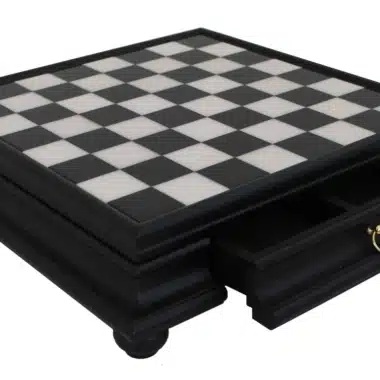 Schaakbord op Voet in Zwart en Wit Massief Hout met Toscaans Albast Blad en Opbergla
