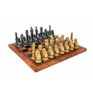 Compleet Egyptisch schaakspel met kunstleren schaakbord en massief metalen stukken