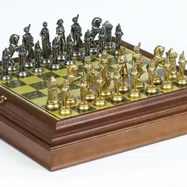 Set Grote Napoleon IV Schaakbord van Origineel Hout en Schaakspel in Metaal