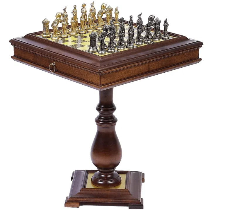 Set Grote Napoleon Schaaktafel in Hout en Schaakspel in Metaal