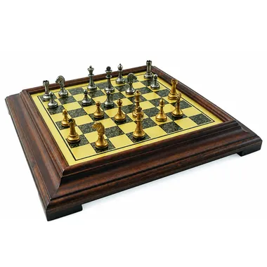 Set "Mignon Flower III" Schaakbord op Voet in Massief Hout met Messing-look & Schaakspel in Massief Metaal