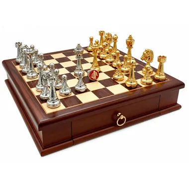 Classic Flower 3 schaakset met houten bord en goud- en zilverkleurige stukken