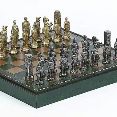 Set Romeinen vs Barbaren: Schaakbord in Kunstleer & Schaakspel in Metaal