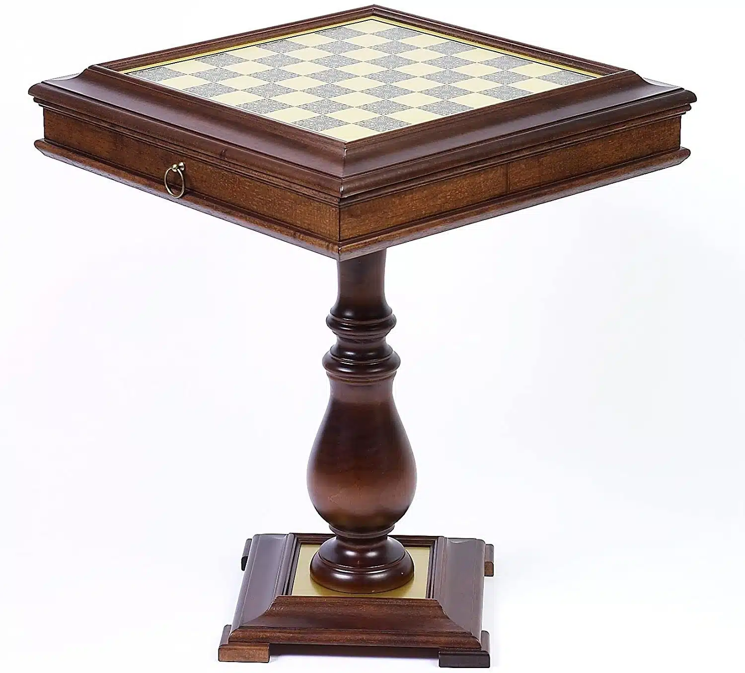 Schaaktafel met Backgammon & Houten Schaakbord met Messing Bovenblad en Ingebouwde Opbergruimte