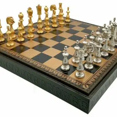 Set Arabic Style V Schaakbord Zwart Kunstleer met Opbergruimte en Schaakspel in Goud- en Zilverkleurig Metaal