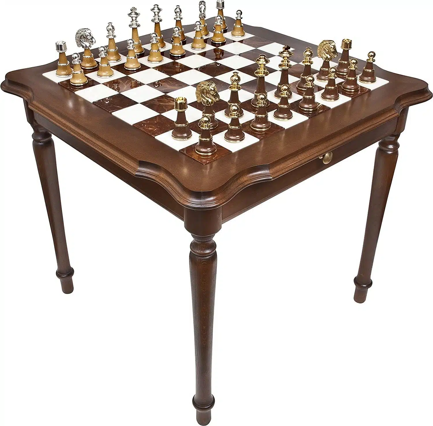 Staunton XL IV Set: Schaaktafel van Hout en Carrara Marmer & Schaakspel in Hout en Messing
