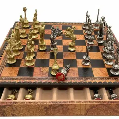 Napoleon Set Schaakbord in Similileer Oude Wereld met Opbergruimte & Schaakspel in Massief Metaal