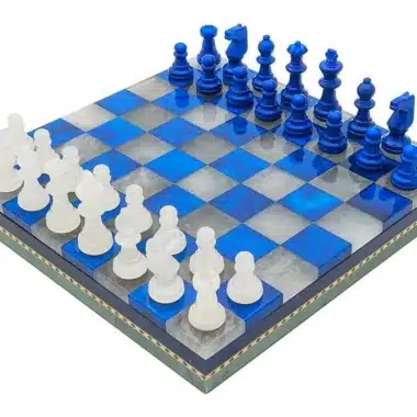 Blauw-witte Set Schaakbord en Schaakspel in Antiek Marmer met Opbergkist